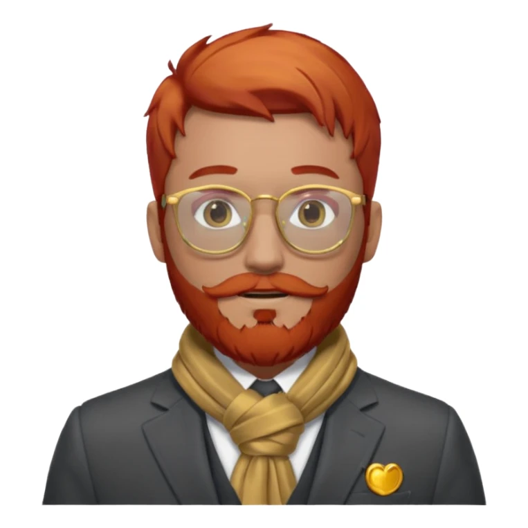gray scarf, male,  beard, red hair, with suit, gold glasses sticker