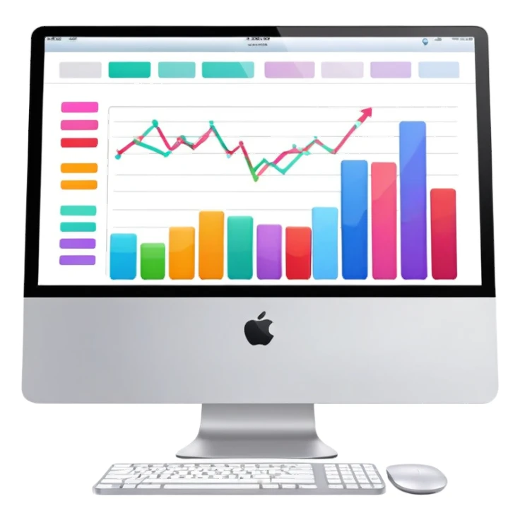 iMac computer with bar charts and beauty products inside the screen sticker