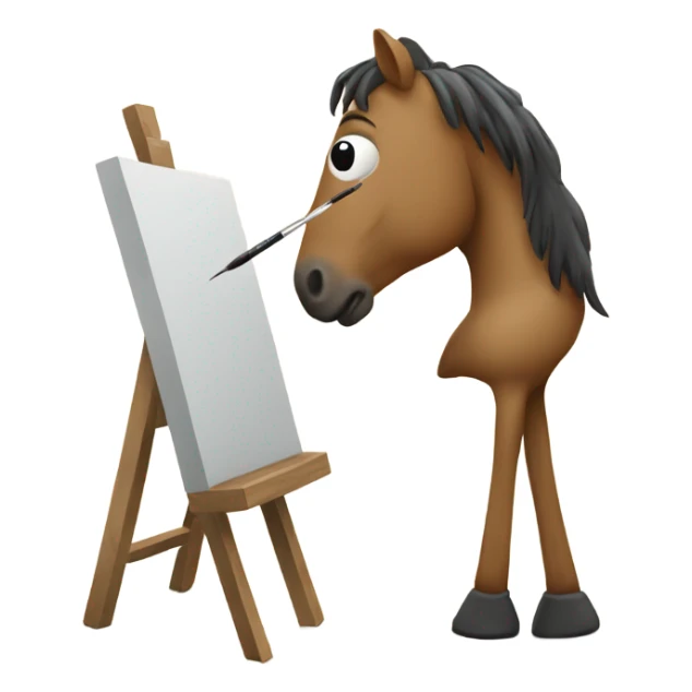 horse standing in front of an easel with a paintbrush sticker