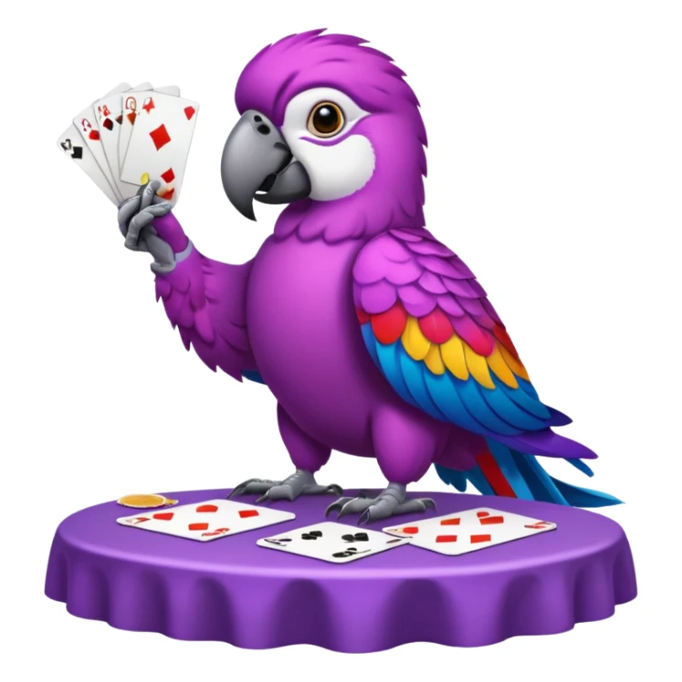 purple parrot sitting at a table with playing cards sticker