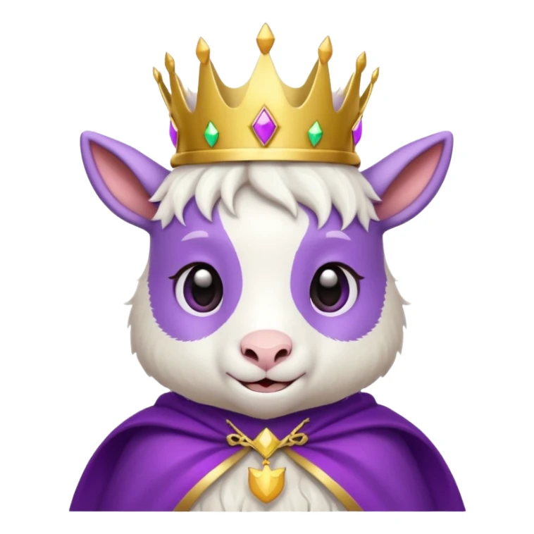 cute goat with small gold crown and purple cape, simple friendly emoji style sticker