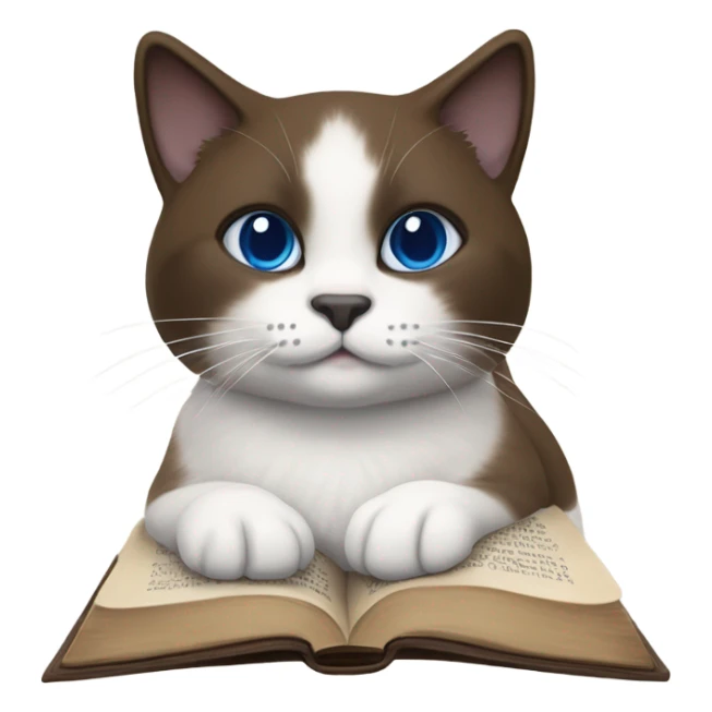 Snowshoe cat with small white patch by nose, dark face and blue eyes and darker body laying on open Bible sticker