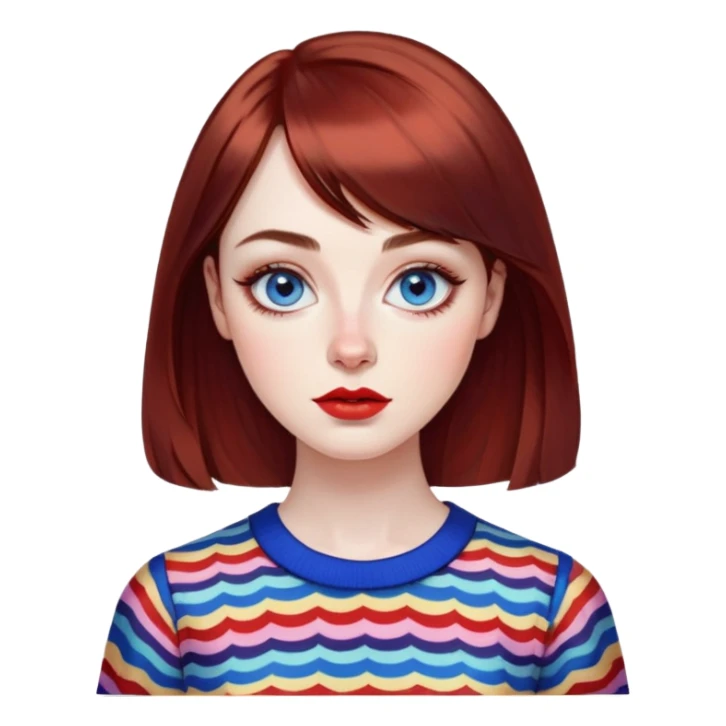 Artistic young woman with pale skin, oval face, large expressive blue eyes with eyeliner, thin arched eyebrows, small nose, full lips with red lipstick, dark auburn hair that's straight with slight waves at ends, straight bangs, wearing a bright colorful patterned top, warm creative expression sticker