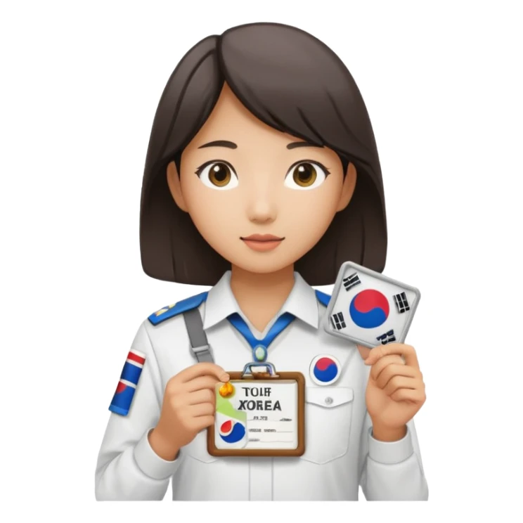 A young Asian guide holding her tour license in both hands, wearing a white shirt with the South Korea badge on her chest. sticker