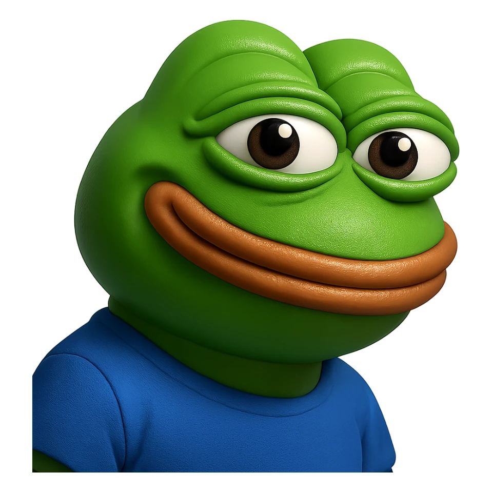 pepe in
- 3d style
- bright green
- blue shirt
- smiling
- looking straight at the camera
- good highlights and shadows
- 30deg angled towards the right sticker