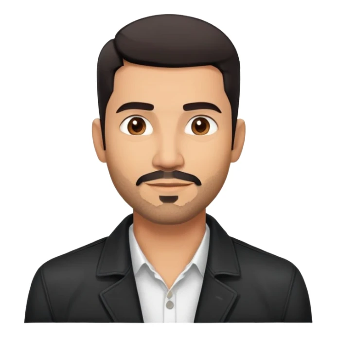 Attractive Hispanic TV host in his mid to late 40s with light brown skin, short straight black hair with pronounced fade haircut, stubble/scruff facial hair instead of full beard, square handsome face with strong jawline, friendly expression, wearing open black jacket with white buttoned shirt sticker