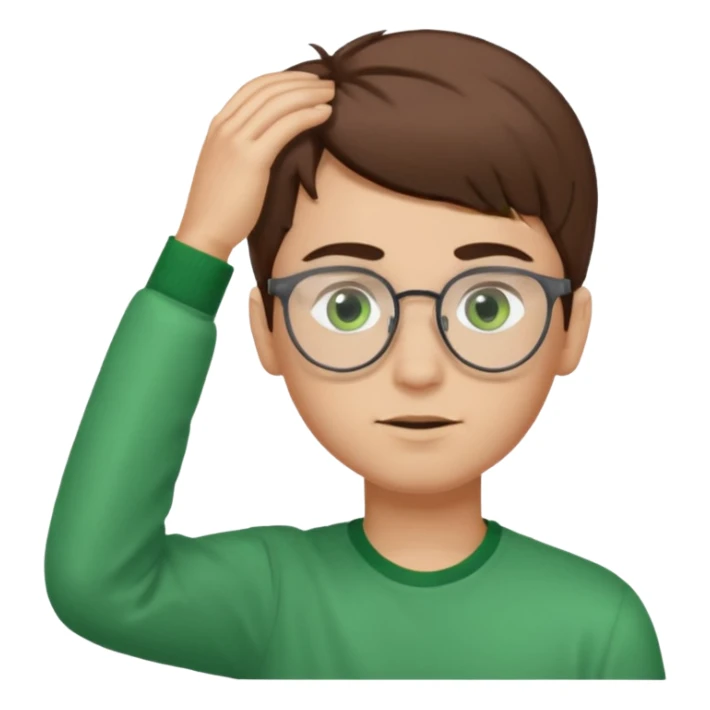 Boy with brown hair green eyes light skin think eye brows and glasses fixing his hair  sticker