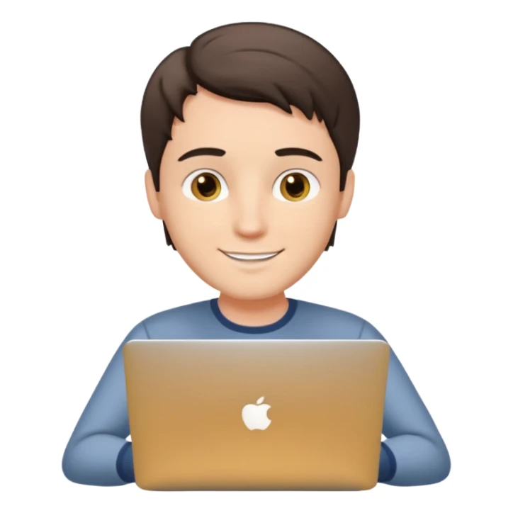 A white brunette man in his mid 20s, middle parted short hair, average dude with slightly droopy eyes, happy, using a silver laptop (no logo) sticker