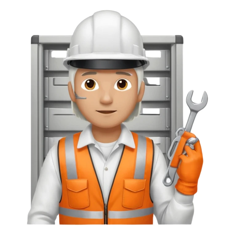 Guy with white head protection with ear noise canceller and orange vest With spanner. On his side carrying side panels for the white server racks sticker