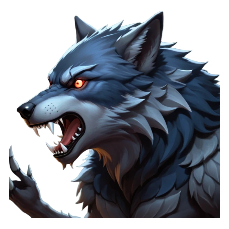 cinematic-noble-fierce-werewolf-howling-portrait-emoji, poised-and-imposing, with a fierce wolfish face tilted upwards in a haunting howl, glowing eyes full of primal ferocity, sharp, elongated fangs bared, and a rugged snout, fur rippling in shades of midnight black and silver, muscles tensed as the powerful howl echoes beneath the moonlit sky; rendered with realism, capturing the raw, untamed power of the beast in its wild, primal state sticker