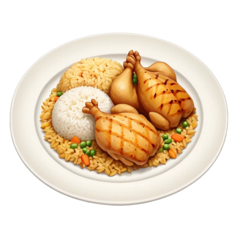 a white plate with a serving of rice and chicken, simple and colorful, arranged like a real dish sticker