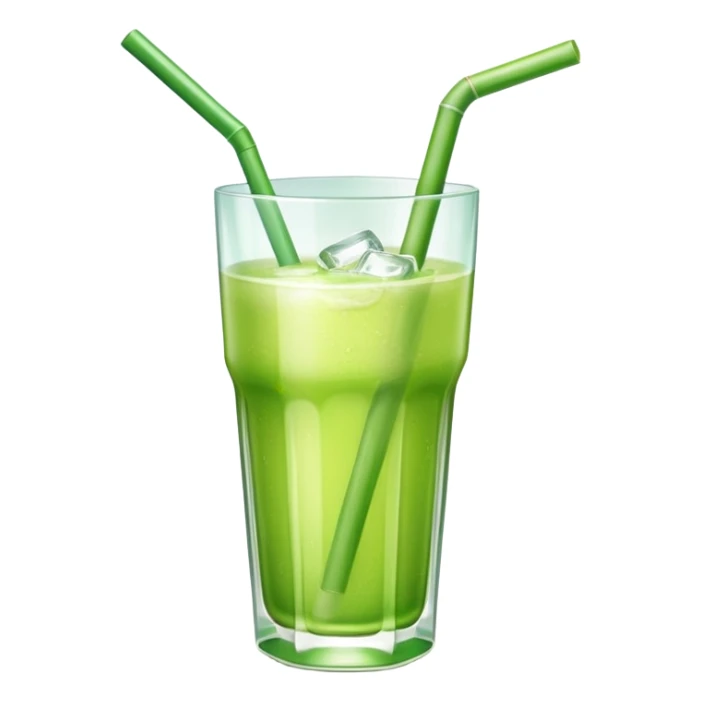 Glass of fresh sugarcane juice with ice cubes, light green liquid, a straw, refreshing beverage sticker