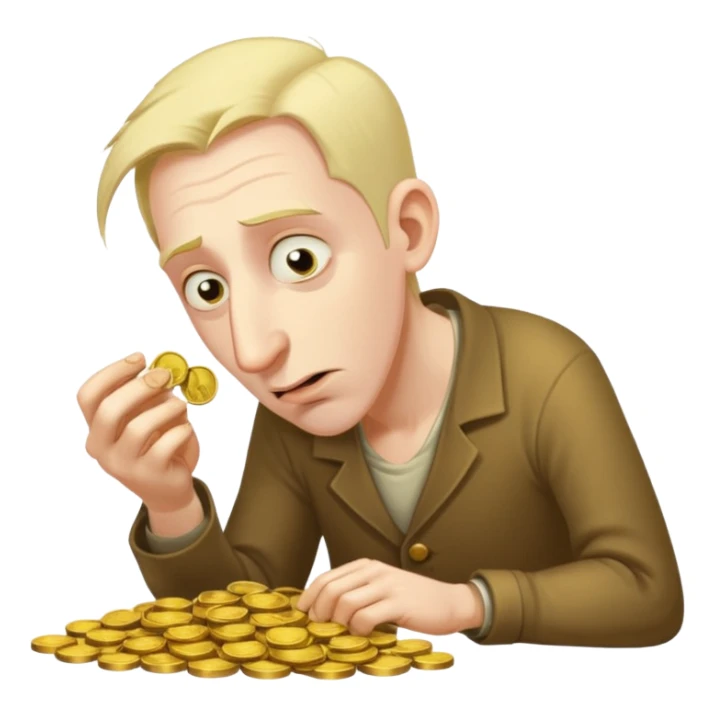 A hunched man with a greedy expression and a long nose counting his coins sticker