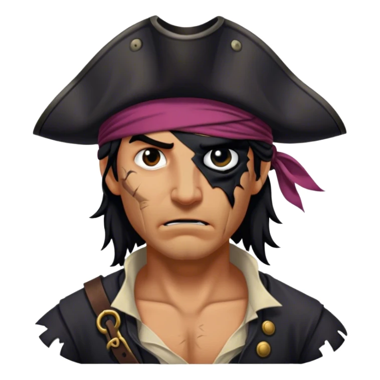 A battle-worn pirate with tangled black hair, a torn eye patch, and a deep scar running down his cheek sticker