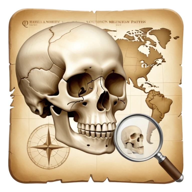 An icon featuring a human skull and fossils, representing anthropology. The design includes a magnifying glass and a map of ancient human migration paths, symbolizing the study of human evolution and cultures. Transparent background highlights the scientific exploration of humanity’s past. sticker