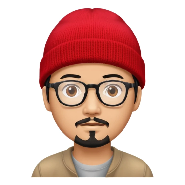 Asian man with black goatee, glasses, wearing a small red beanie sticker