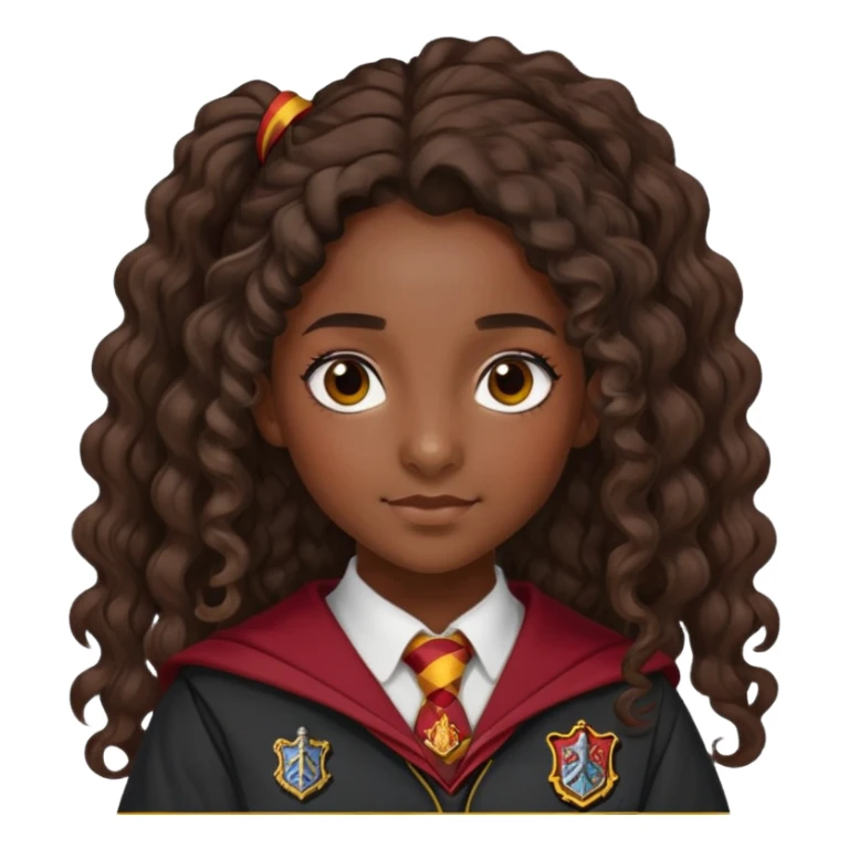 Alicia Spinnet in harry potter, wear hogwarts gryfindor uniform, long, dark, curly or wavy, ponytail hair, dark skin sticker