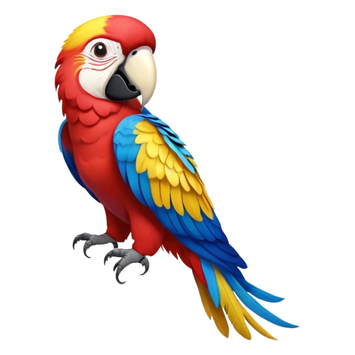 cinematic-macaw-realistic-full-body-standing-emoji,-vibrant-feathers-glowing-with-rich-reds,-blues,-and-yellows,-head-tilted-dramatically,-curved white-beak-gleaming,-piercing-dark-eyes-exuding-confidence,-simplified-yet-realistic-focused sticker