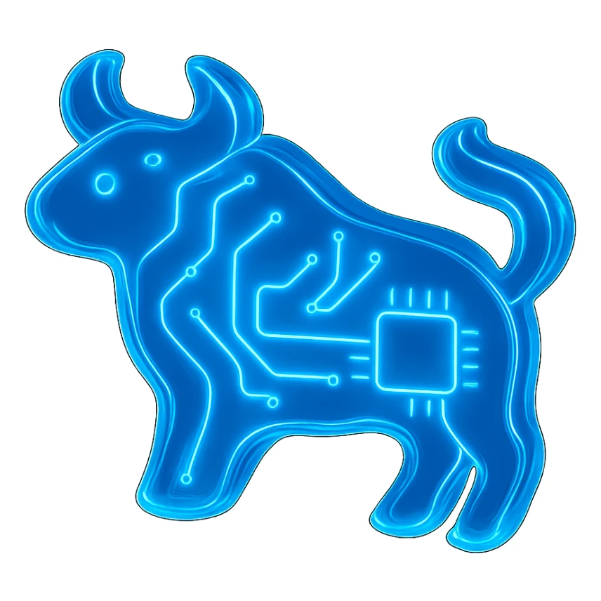 Make the minimalist bull icon much more abstract with electric blue digital circuit lines, in glossy circuit style. sticker