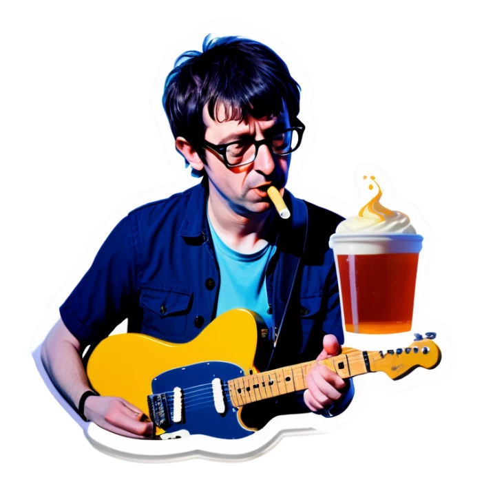 Blur guitarist Graham Coxon is playing the butterscotch telecaster and drinking a cup of soju. sticker