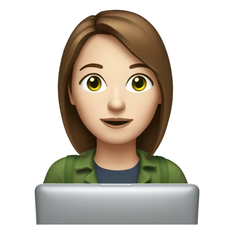 Web designer carrying a pc in her hands. white woman with medium-length brown hair, green eyes and freckles on her nose. sticker