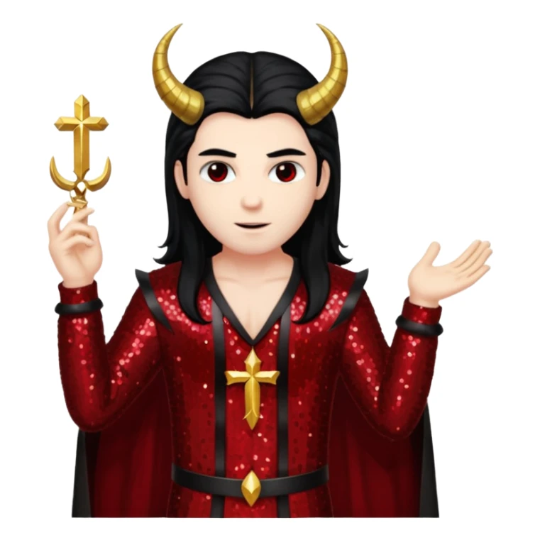 Lucifer from The Bible with long black hair, dark red sequin outfit sticker