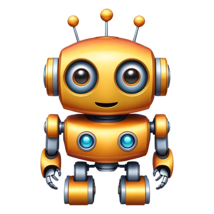 A toy robot with big eyes and a happy expression sticker