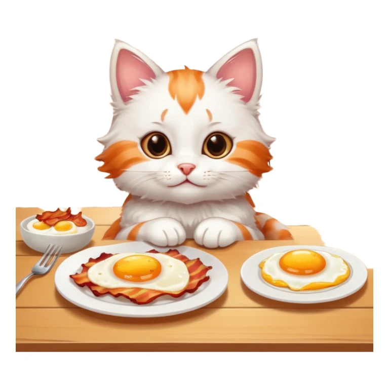 Cute kitten sitting at a table with a plate of bacon and eggs sticker