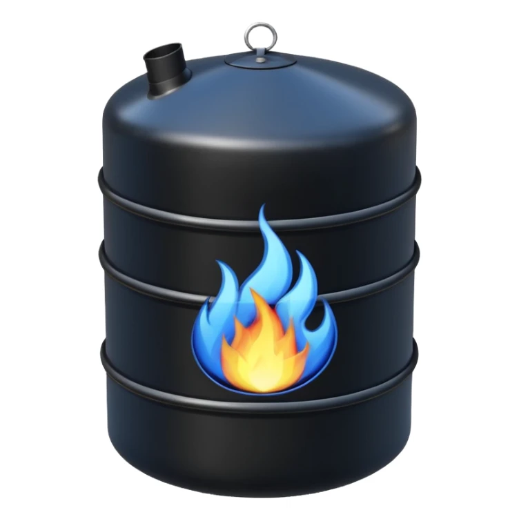 generate an ultra realistic black metal gas holder without rust and with a blue fire label sticker