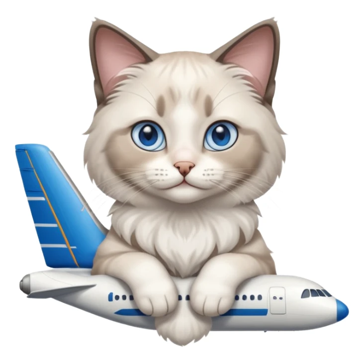 Cute ragdoll cat on an airplane. Should sit on top of the plane, cat is way bigger than airplane. Can you make the plane cooler like airbus a380 and the cat a bit happier? I liked the first and last pic out of these. Cat should be ragdoll with white and grey just like these sticker