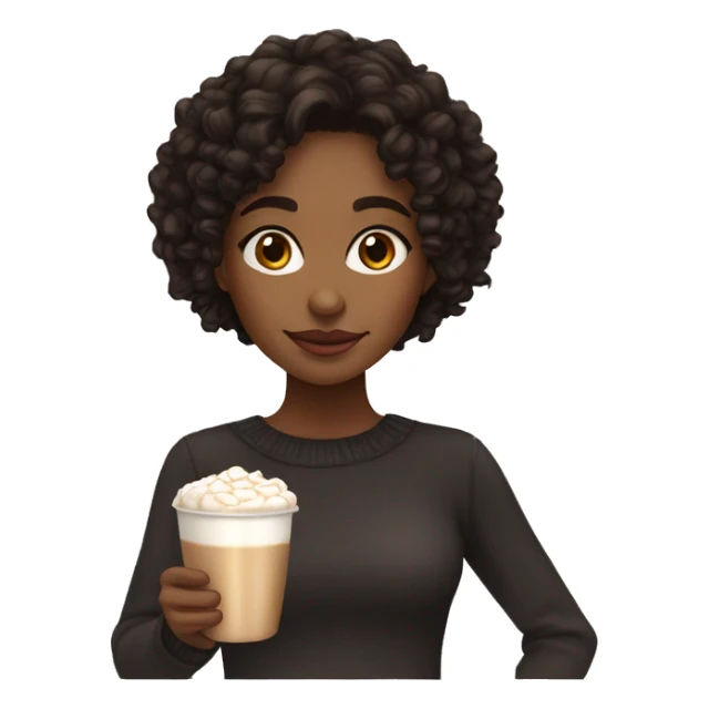 Light brown girl with black medium curly hair and a hot chocolate sticker