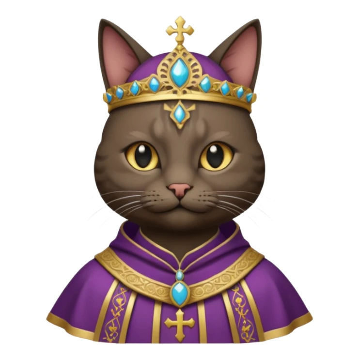 “Half-body humanoid figure with a realistic cat face, wearing ornate bishop robes and a mitre, dark gothic background, dramatic lighting, sticker