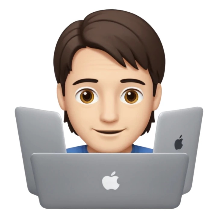 A man in his mid 20s, middle part average dude with slightly droopy eyes, happy, using a MacBook, hero for an iOS developers website sticker