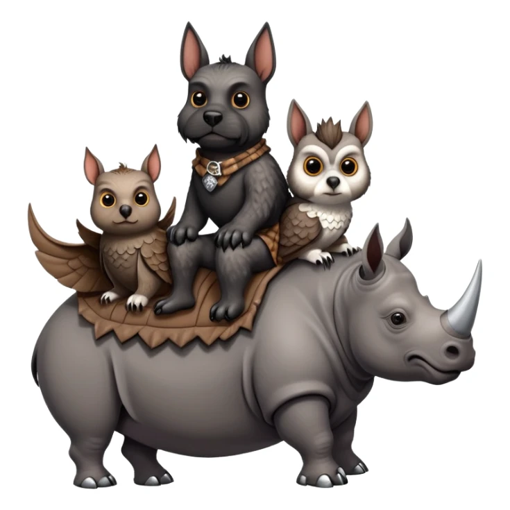 Two Scottish terriers and an owl riding a rhino sticker