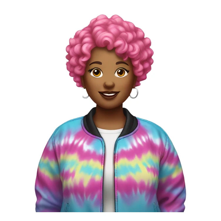 Plus size black woman with pink curly pixie cut hair and a tie dye jacket  sticker