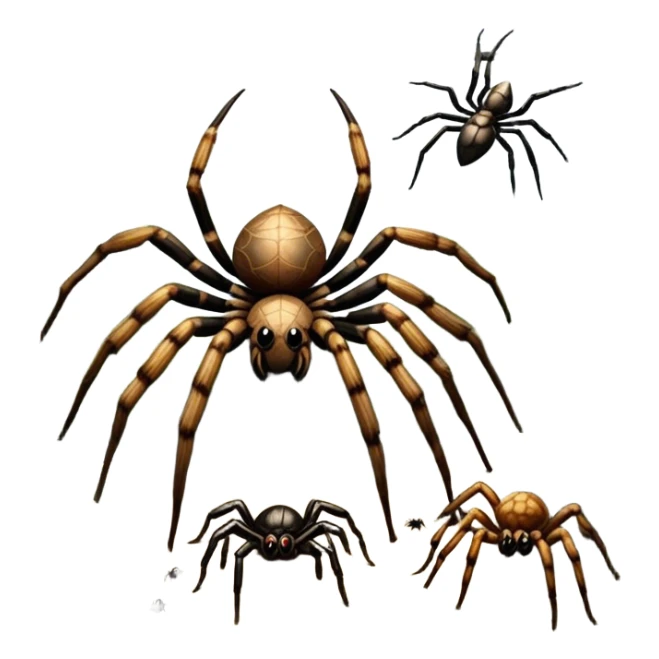 Collage of various spiders, including tarantulas and other exotic species, inside a  terrarium with webs and natural décor. Close-up shots of their intricate legs, eyes, and fuzzy bodies. Soft lighting, transparent background. sticker