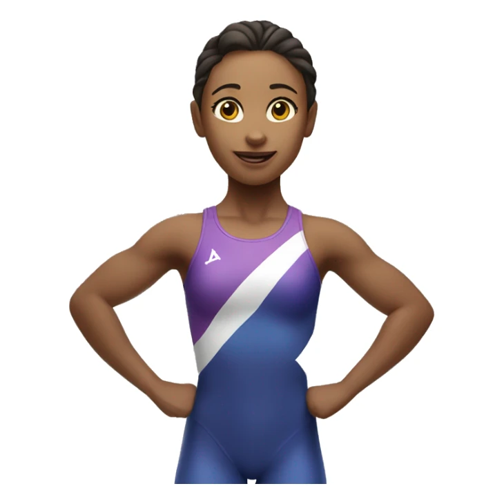 a female gymnast introducing the first place podium, full body, two arms pointing to the center place sticker