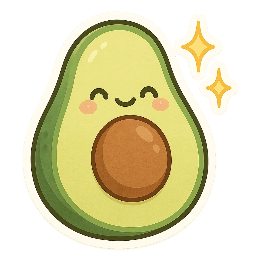 chibi sticker of a smiling avocado with sparkles sticker