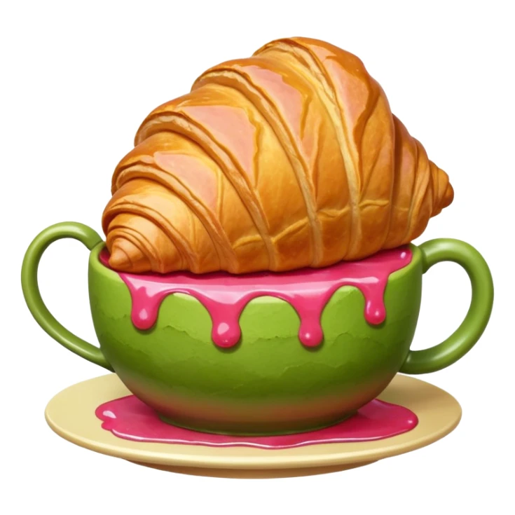 A giant croissant with a closed matcha mug with a strawberry syrup base sticker