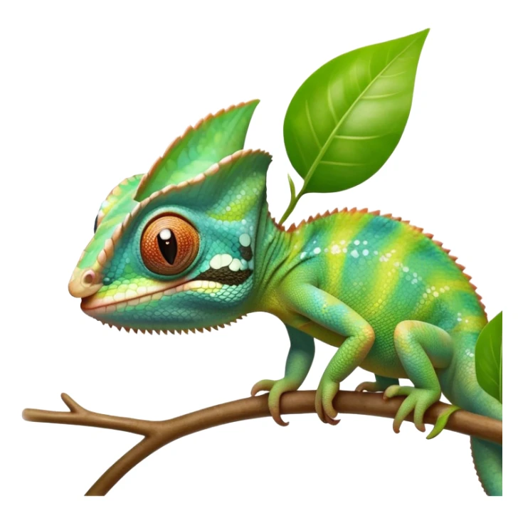cinematic cute-smiling baby chameleon-realistic emoji,-blending-with-vibrant-greenery.-detailed-scales-in-shifting-colors,-showing-the-chameleon’s-ability-to-camouflage.-soft-natural-light-highlights-its-texture.-light-background, zoomed into its face sticker