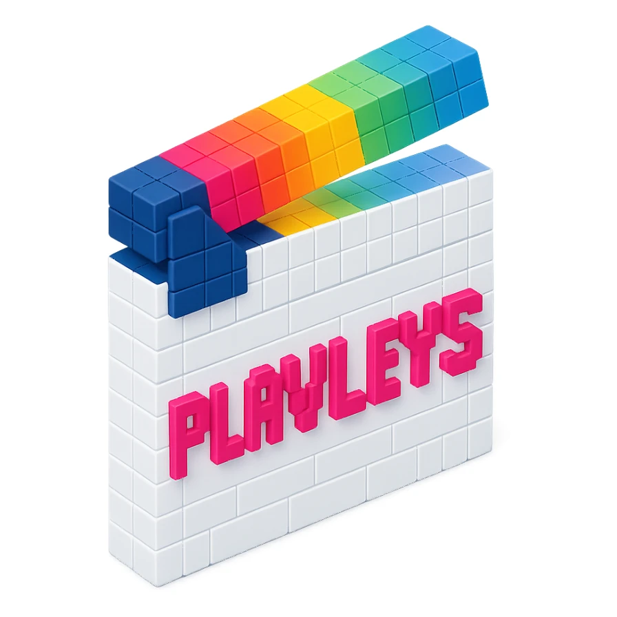voxel style movie clapperboard, white body, colorful lid, pink text 'PLAVLEYS', isometric view sticker