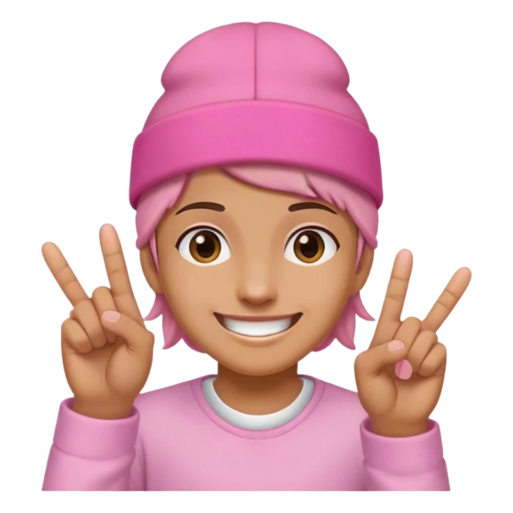 Smiling with both middle fingers up and a pink on on the head sticker