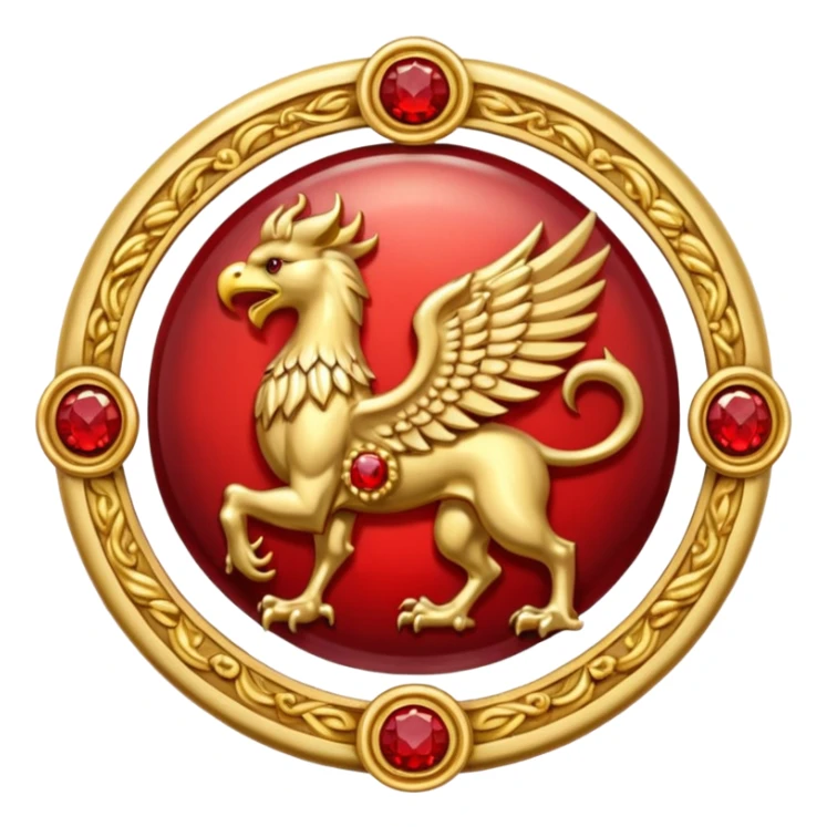 Golden griffin crest / brosch in a circle with red gems and no background sticker