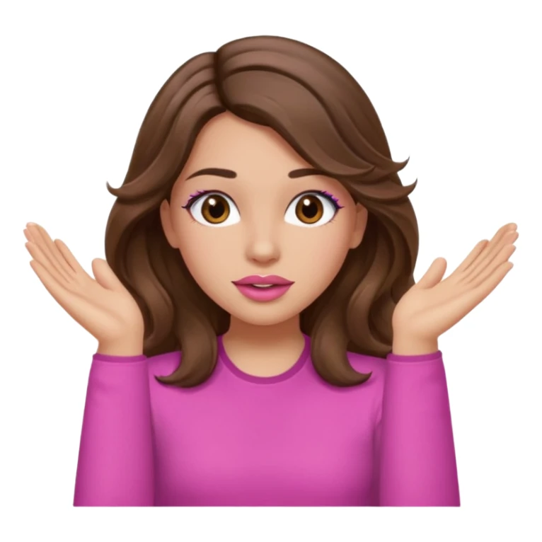 girl with long wavy brown hair, brown eyes, light to medium complexion, in a pink shirt, pink lips, long lashes, puckered lips, both hands in teh air sticker