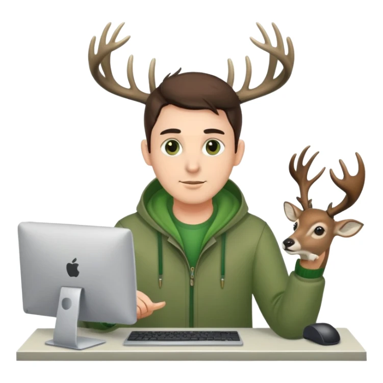 Guy works at computer with deers antlers, green clothes, brown eyes  sticker