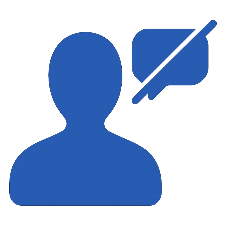 Disengaged user silhouette with a crossed-out chat bubble in minimal modern icon style, blue color variation, no background. sticker