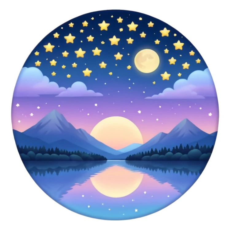 "Design a calming circle emoji for evening reflection. Soft moonlight, gentle stars, peaceful twilight sky, or spiritual symbols. No people - emphasize tranquil colors, night sky elements, and serene spiritual imagery." sticker