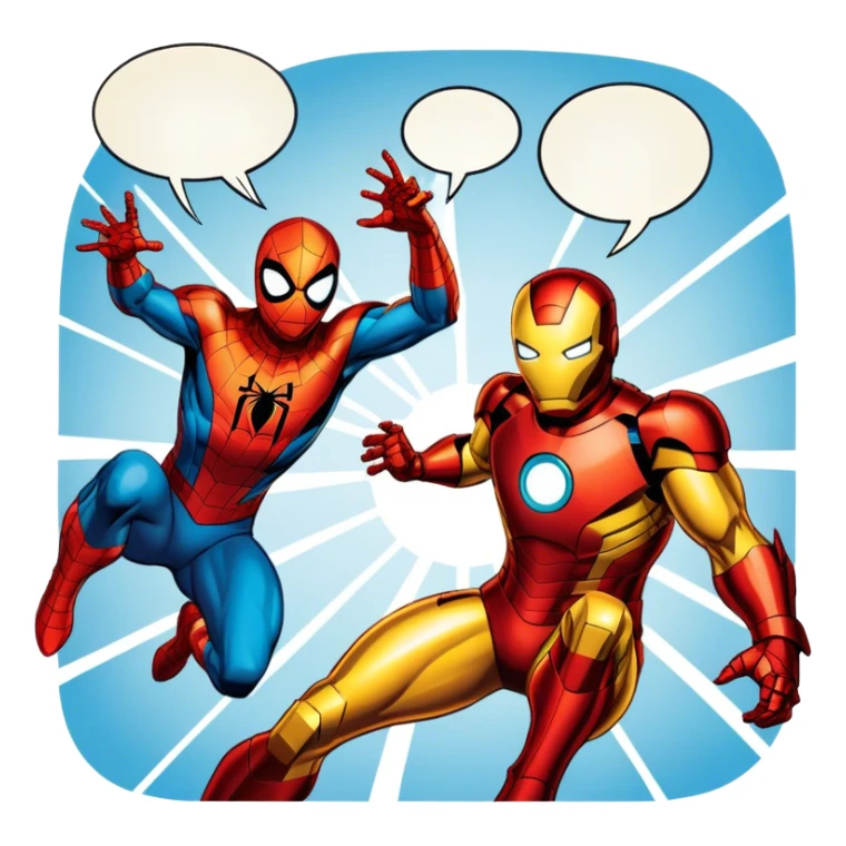 Icon for Vintage Comics and Manga: an open comic book with retro Marvel-style artwork, featuring iconic superheroes like Spider-Man and Iron Man, with speech bubbles and action lines. The icon should capture the dynamic and colorful nature of classic comics and manga. Transparent background. sticker