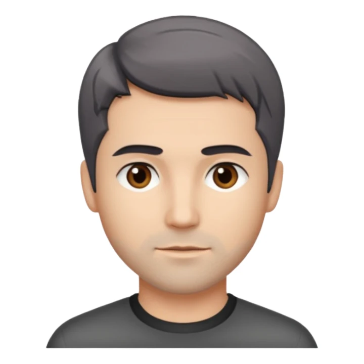 Description: dark gray straight hair combed forward, crop haircut, light stubble, brown eyes.
Image: barber sticker