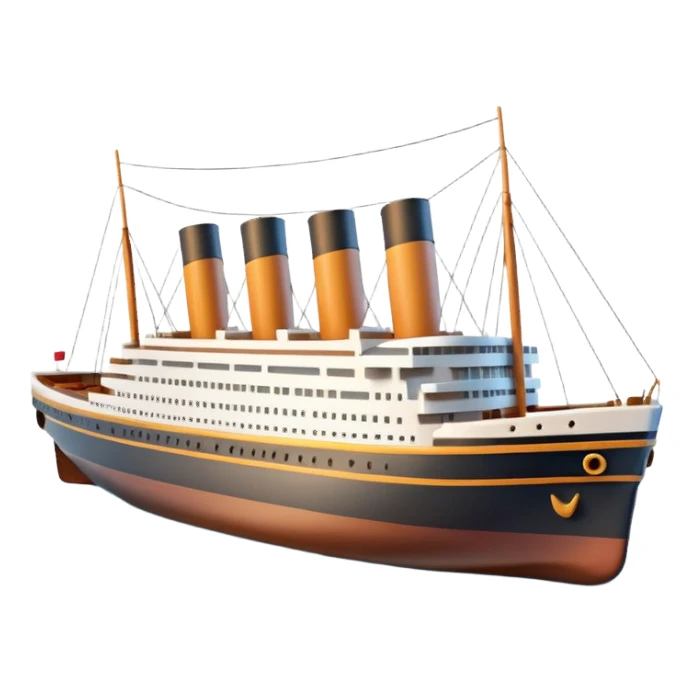 A 3D emoji of a Titanic ship in Apple style, glossy and smooth surface, bright clean colors with subtle shading, simple and minimal details, no face or expressions, floating on calm ocean, soft shadows, high-quality render, isolated on white background.


 sticker